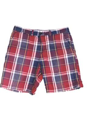Tommy Hilfiger Men's 34 Shorts Red Blue Yellow Plaid Preppy Coastal Flat Front